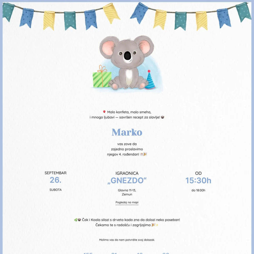 koala digitalna pozivnica za rođendan web pozivnice