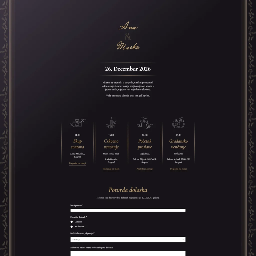 royal noir digitalna pozivnica za venčanje web pozivnice